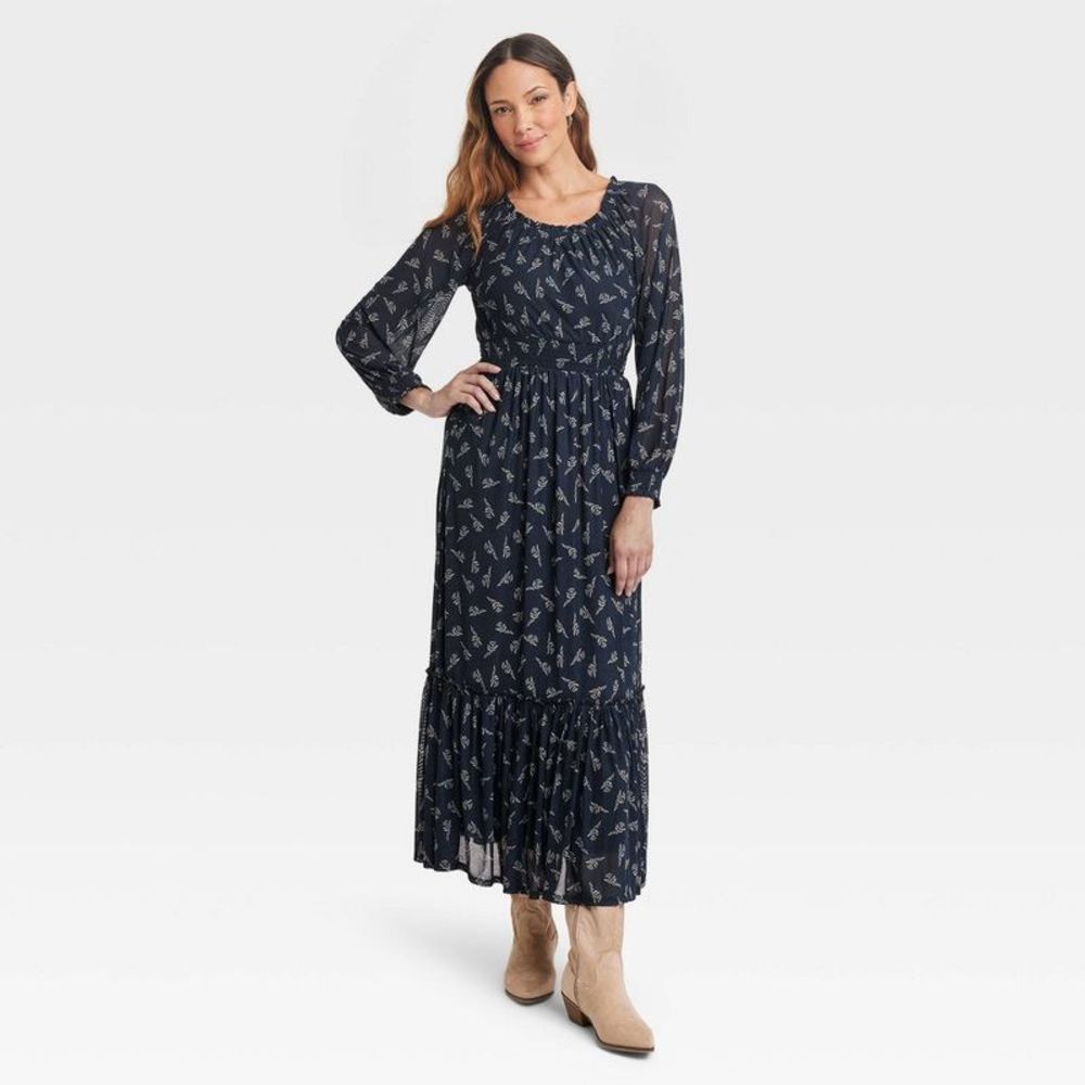 Women's Long Sleeve A-Line Maxi Dress - Knox Rose Blue Floral M
